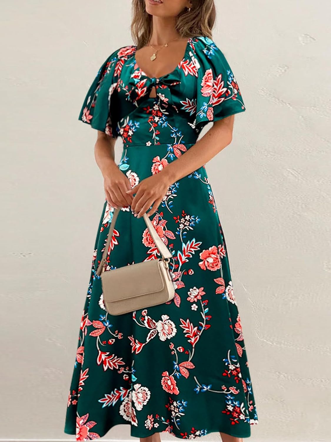 Fashionme Womens Dresses 2026 Maxi Dresses Deep V Neck Elegant Bow Tie Front Cap Sleeve Summer Floral Satin Smocked Dress - Image 5