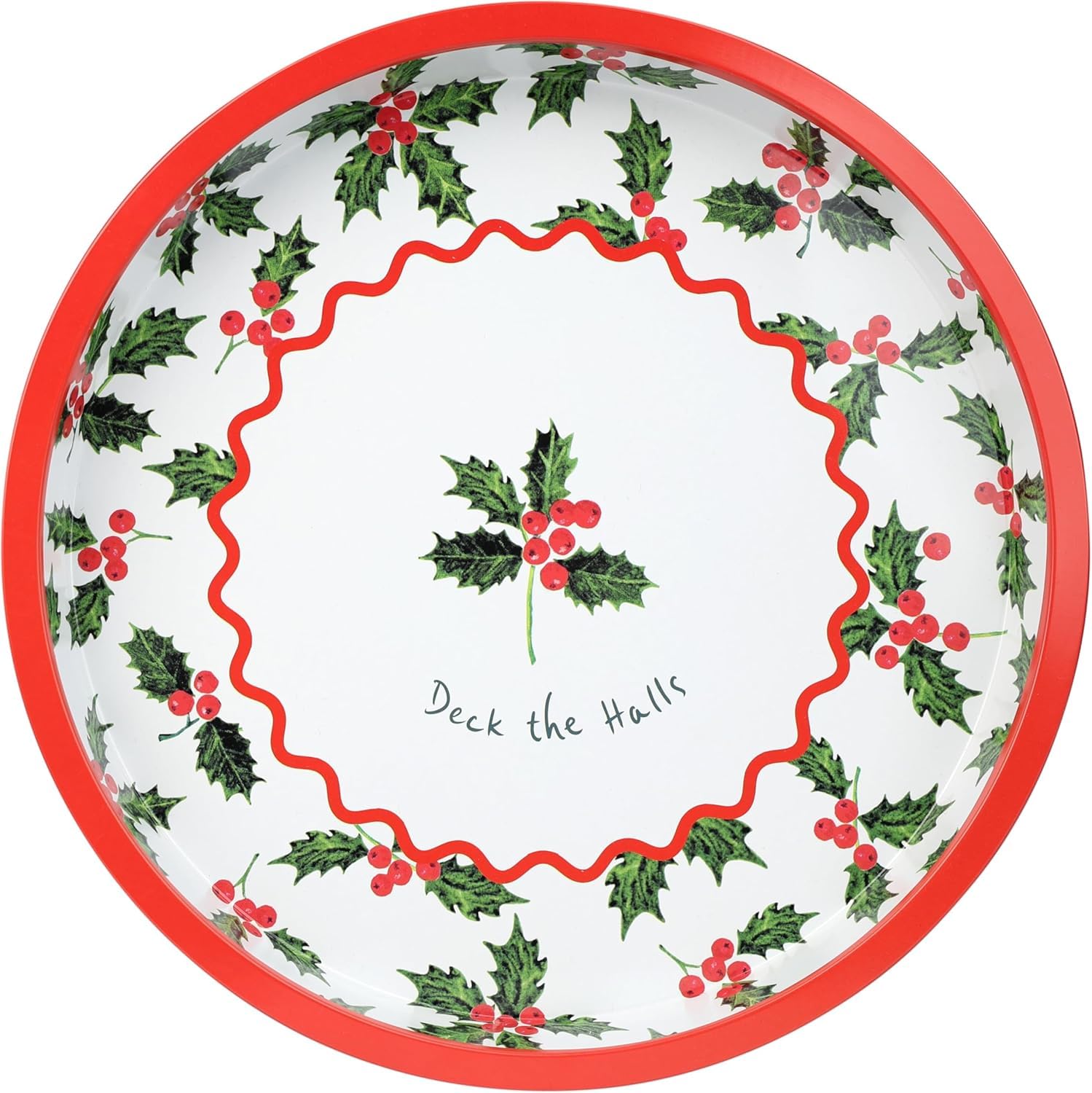 Talking Tables Round Serving Tray Christmas Holly Design for Tea Coffee, Drinks Food Sandwiches Decorative Festive Tin Tableware Design Xmas 30cm, Green