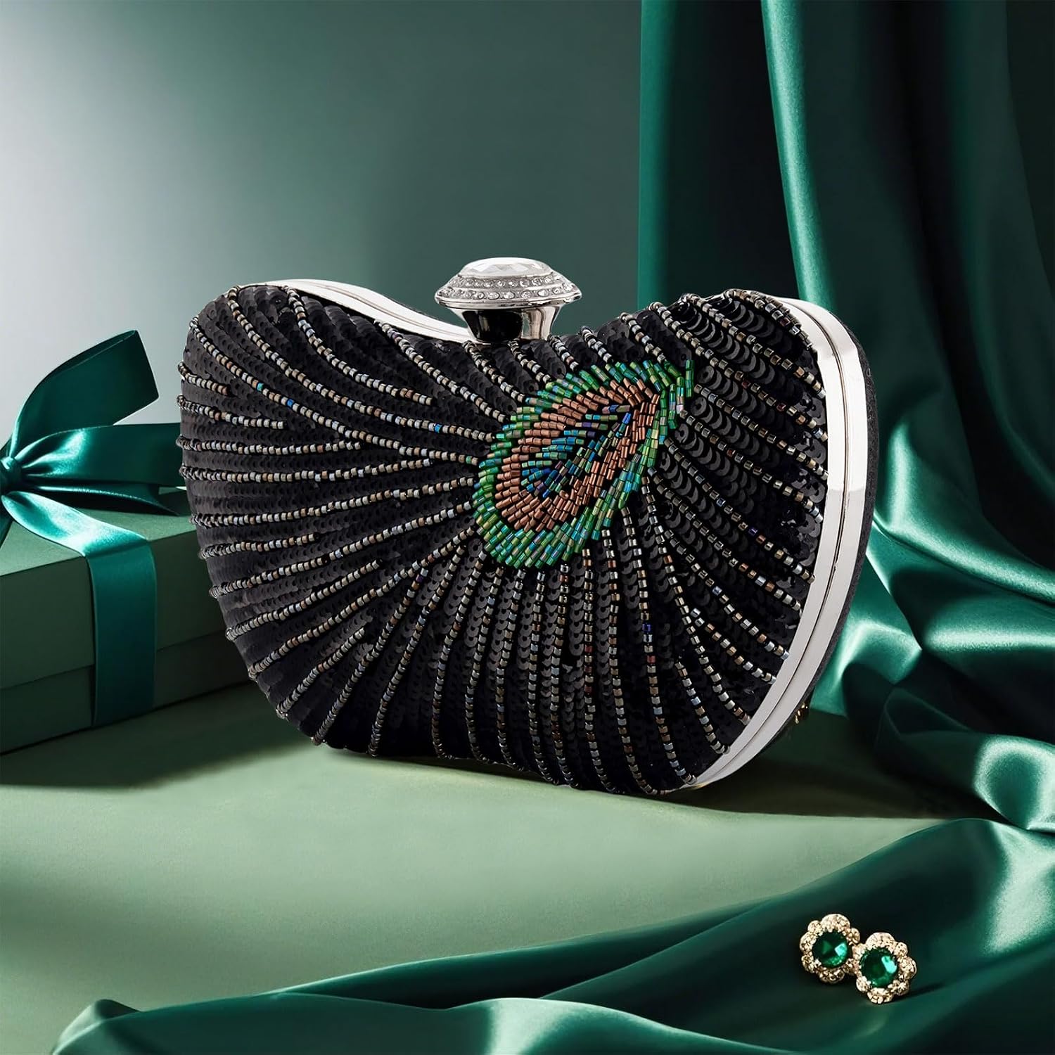 Peacock Clutch Purse Evening Handbags for Womens Vintage Crossbody Shoulder Bags Sequin Feather and Detachable Chains