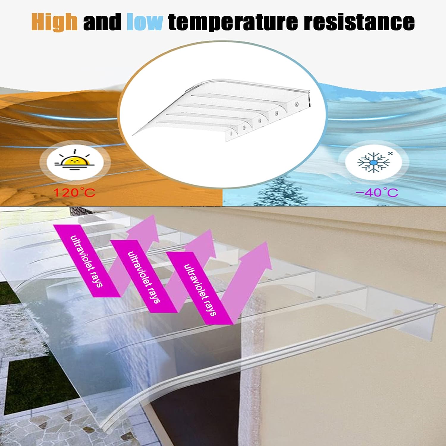 UV Protection Window Awning, Outdoor Patio Door Canopy, Modern Polycarbonate Sun Shade, Arched Entry Awning, Weather-Resistant Pergola Cover (20"x16")