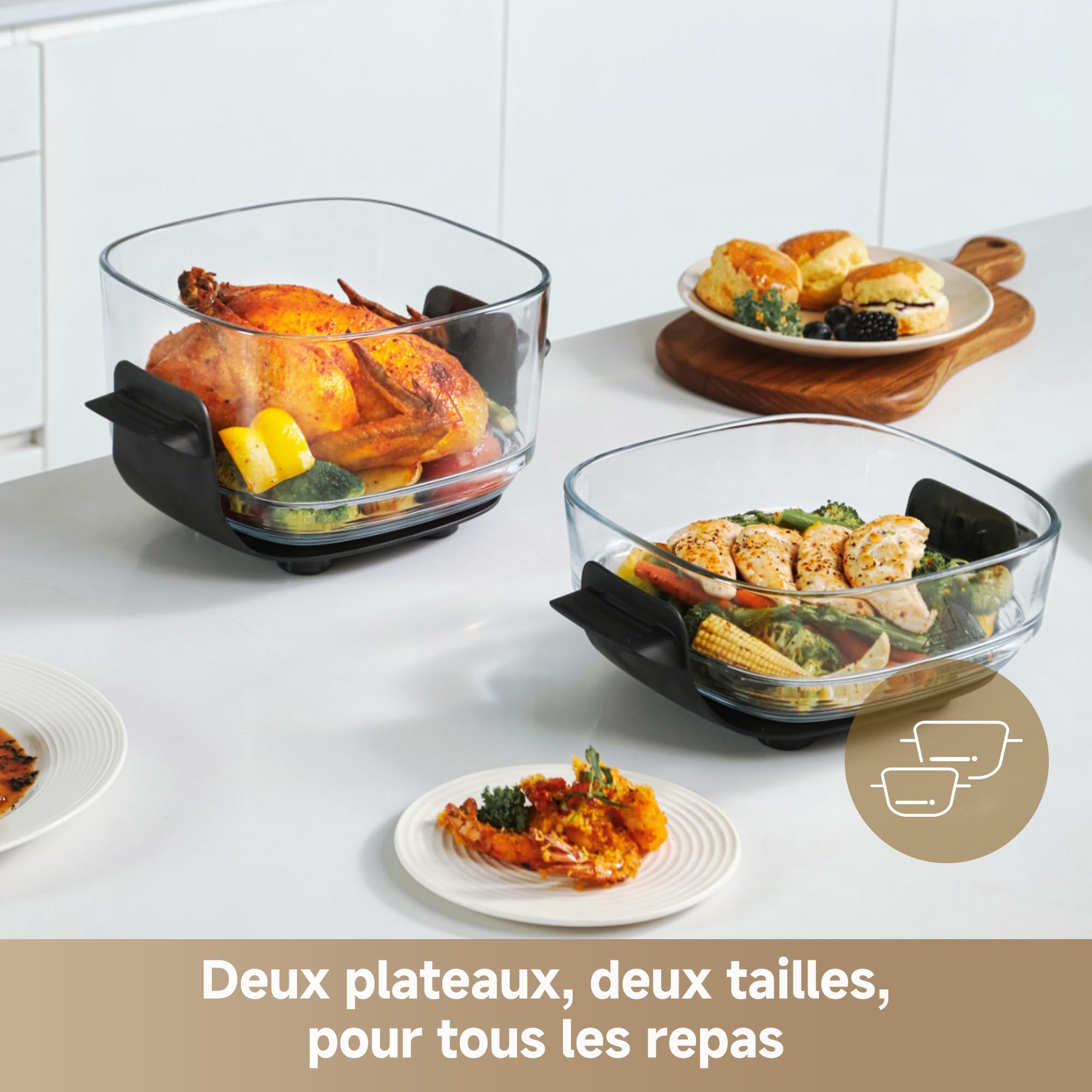 DREAME Tasti Friteuse à air en verre portable 5 en 1, 2,5 L + 4,5 L | 2 cuves, cuisson sans huile, rôtir, griller, réchauffer, maintien au chaud, verre résistant, vue à 360°