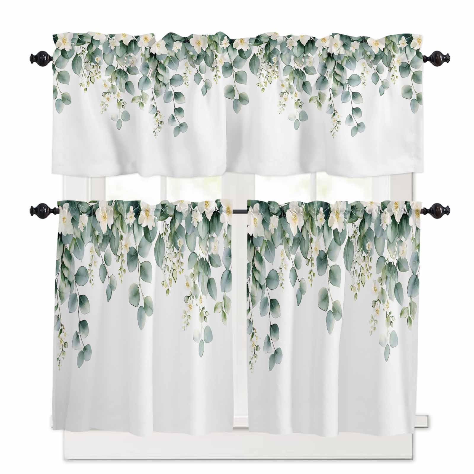 Sage Green Eucalyptus Leaves Kitchen Curtains 24 Inch Length,3 Piece Rod Pocket Small Half Tiers and Valance Set,Watercolor Botanical Floral Small Large Window Treatment Decor for Bedroom/Bathroom