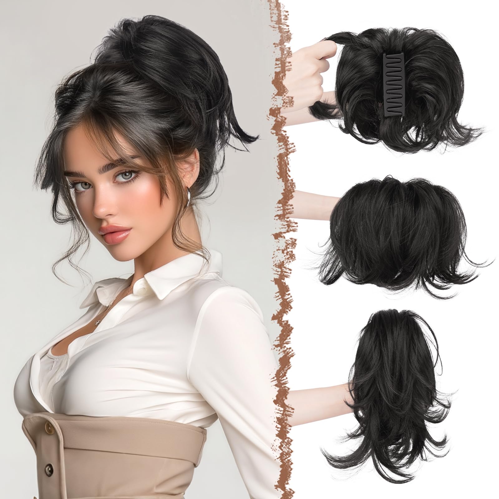 Photo 1 of FESHFEN Claw Clip Natural Black Short Ponytail Extensions - DIY Bendable Metals Fluffy Messy Bun Hair Piece Straight Synthetic Hairpieces Ponytail Extension for Women