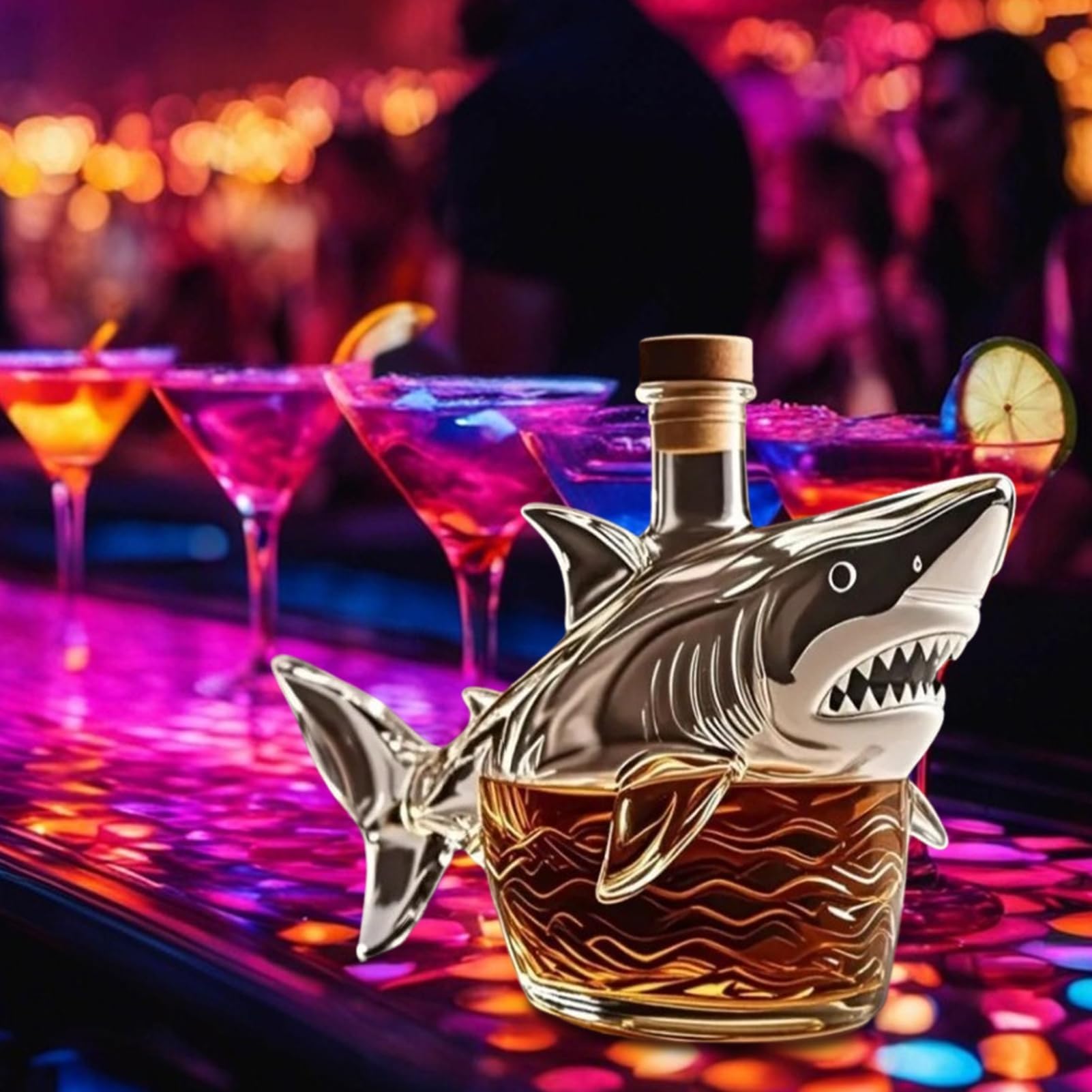 300ML Decantador Whisky Arte Escultura - Con Copa De Vino De 2/4 De Tiburón, Esculturas Decorativas De Botellas De Vino Con Diseño De Tiburón Tallado En 3D, Decantador De Whisky(Shark+2 cups)