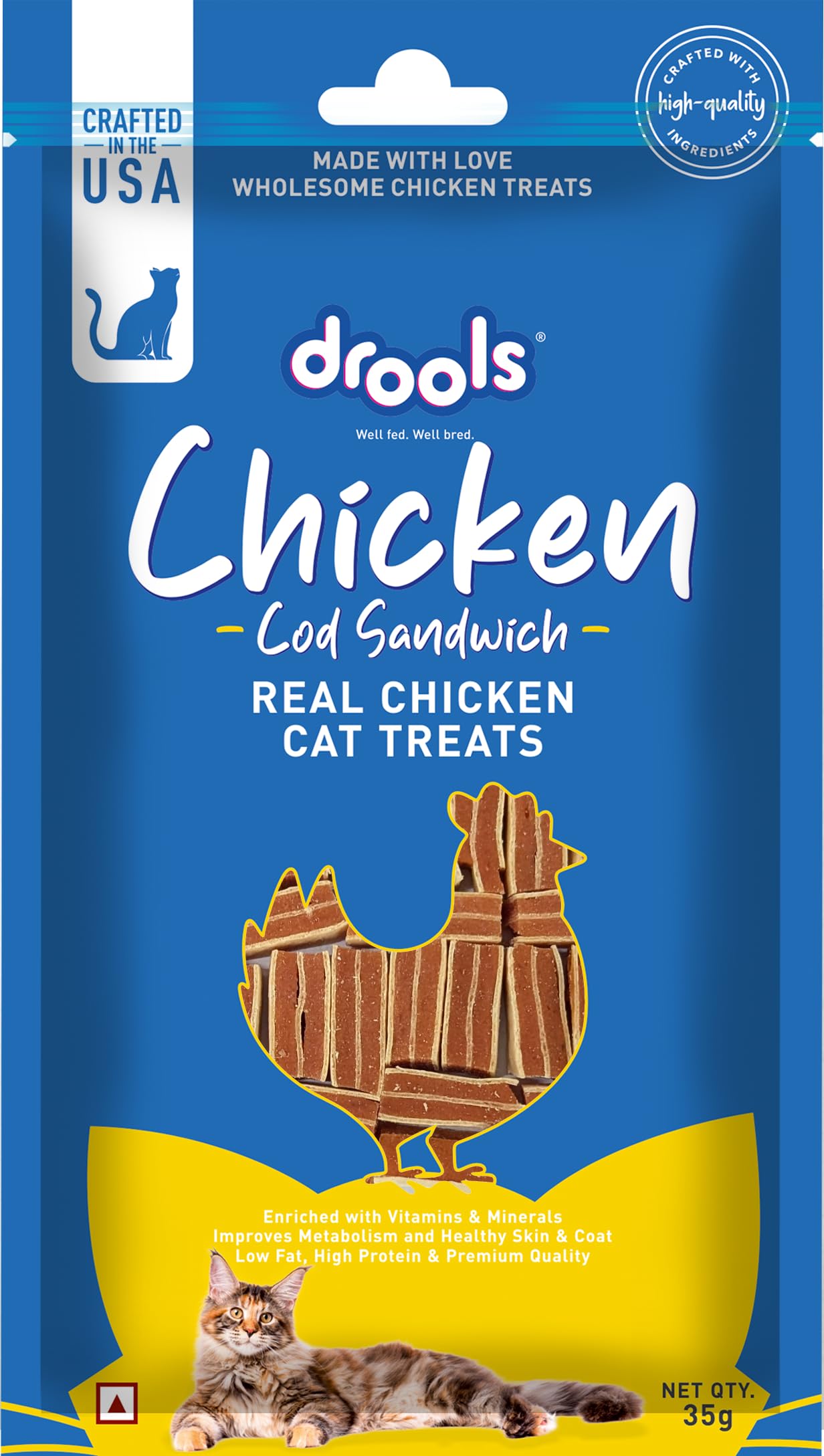 Drools Cod Fish Sandwich Cat Treats Stick, 35 g | Made with Real Chicken & Cod Fish | High Protein Training Treat | for Kitten & Adult Cats