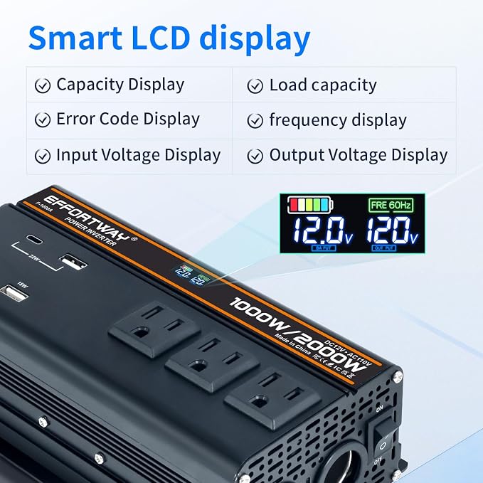 Inversor de Corriente 1000W 12V a 120V con 3 AC y USB miniatura 5