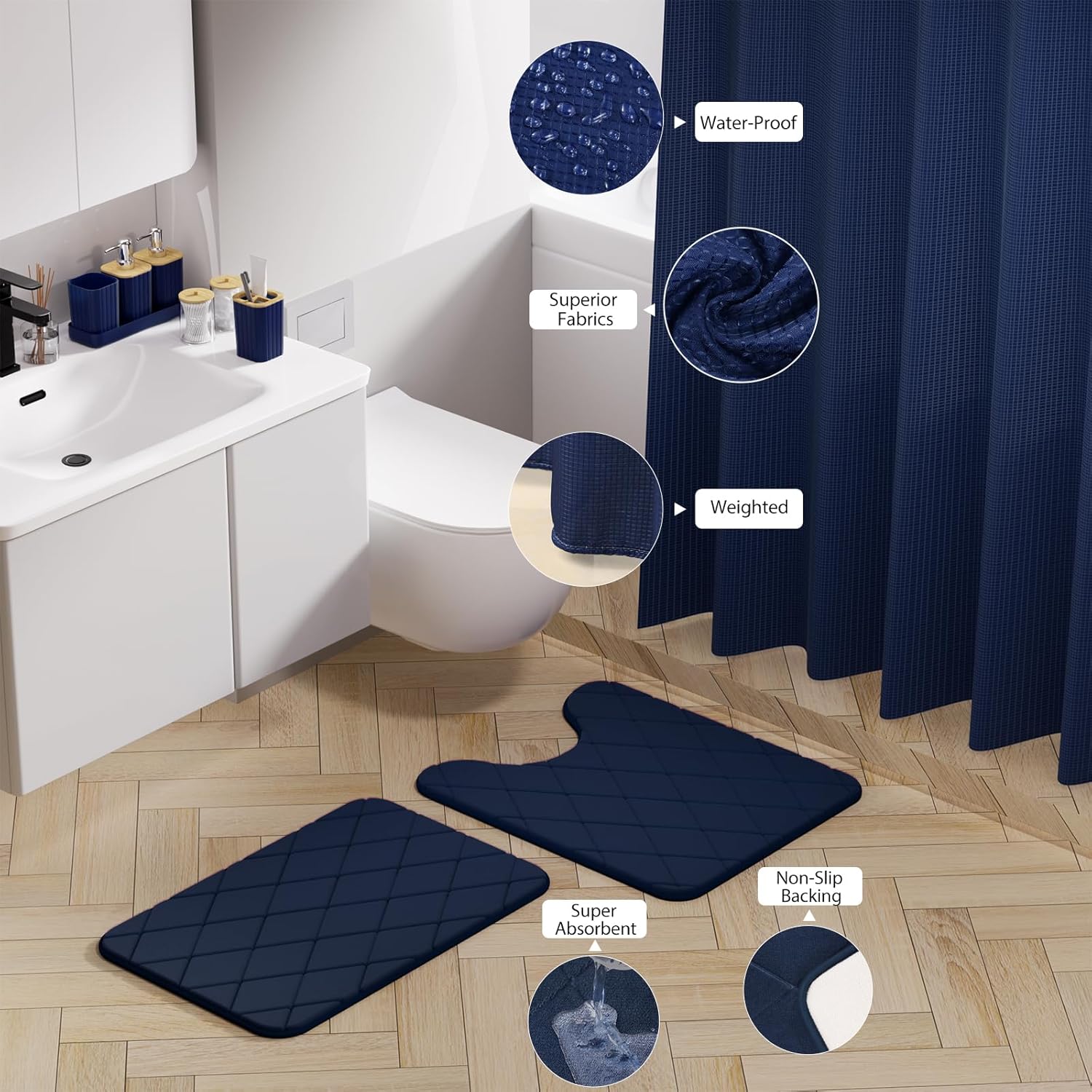 Bathroom Accessory Set - 25PC Bathroom Sets with Shower Curtain and Rugs, Navy Blue Bathroom Set, Bathroom Accessories Set, Shower Curtain Sets with Rugs, Bathroom Trash Can & Soap Dispenser