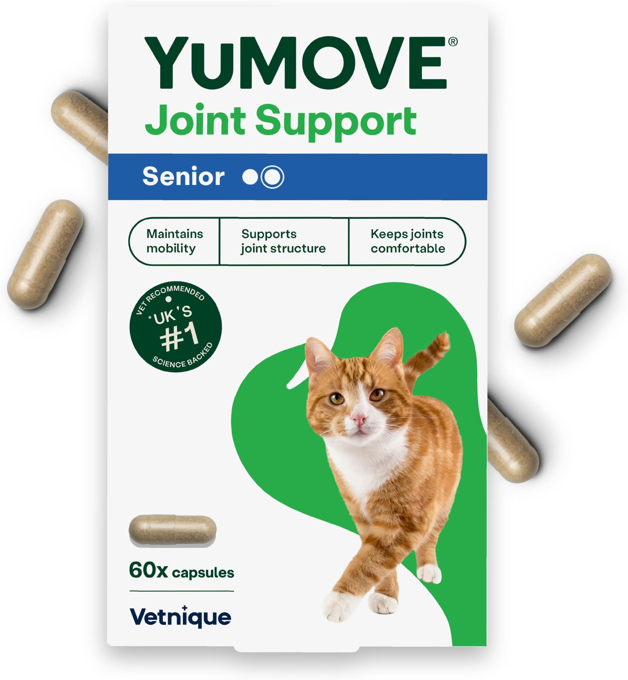 YuMOVE Senior Cat Joint Supplement for Joint Care & Joint Aid, for Older, Stiff Cats with Glucosamine, Chondroitin & Green Lipped Mussel, 60 Capsules - Packaging May Vary