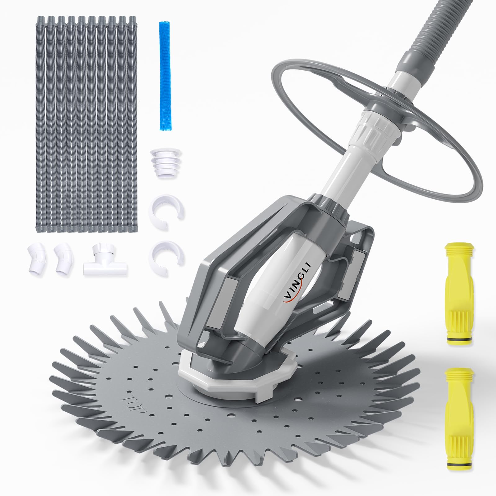 VINGLI Pool Vacuum Above Ground Indoor Outdoor Automatic Swimming Pool Cleaner Sweep Sweeper with 33FT Hoses (Light Gray)