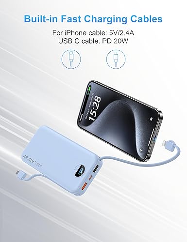 Miniatura 5 de Cargador portátil con enchufe de pared, cargador de batería USB C de 12000 mAh de carga rápida, batería externa con cables integrados, pantalla