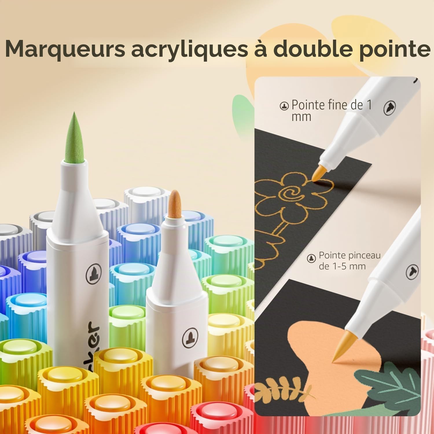 ENMY 80 couleurs Plumone acrylique double pointe, marqueurs créatifs de peinture acrylique, feutre acryliques à base d'eau, pointe pinceau, pour bois, pierre, toile, verre, tissu