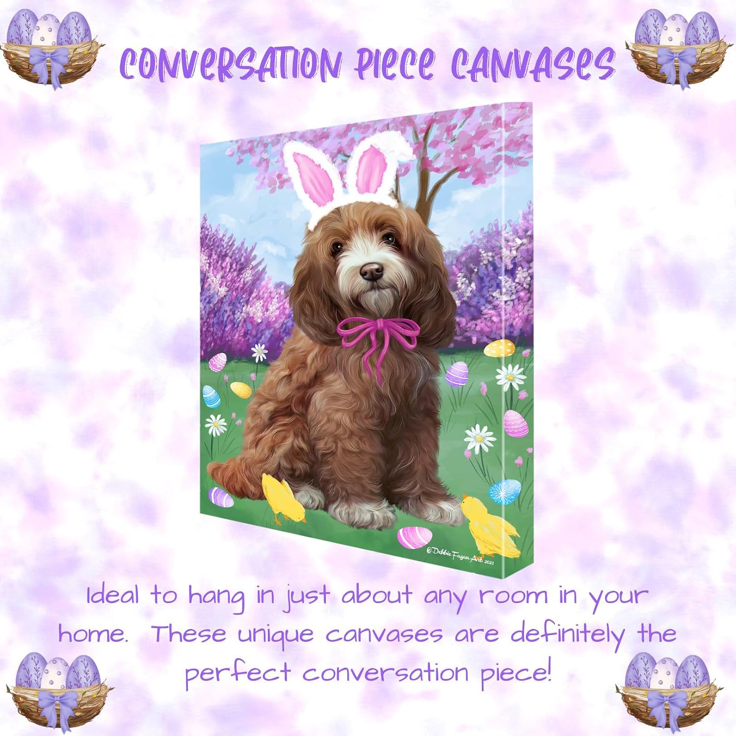 Easter with Cockapoo Dogs Canvas Wall Art - Premium Quality Ready to Hang Room Decor - White Floating Framed 16" x 24"