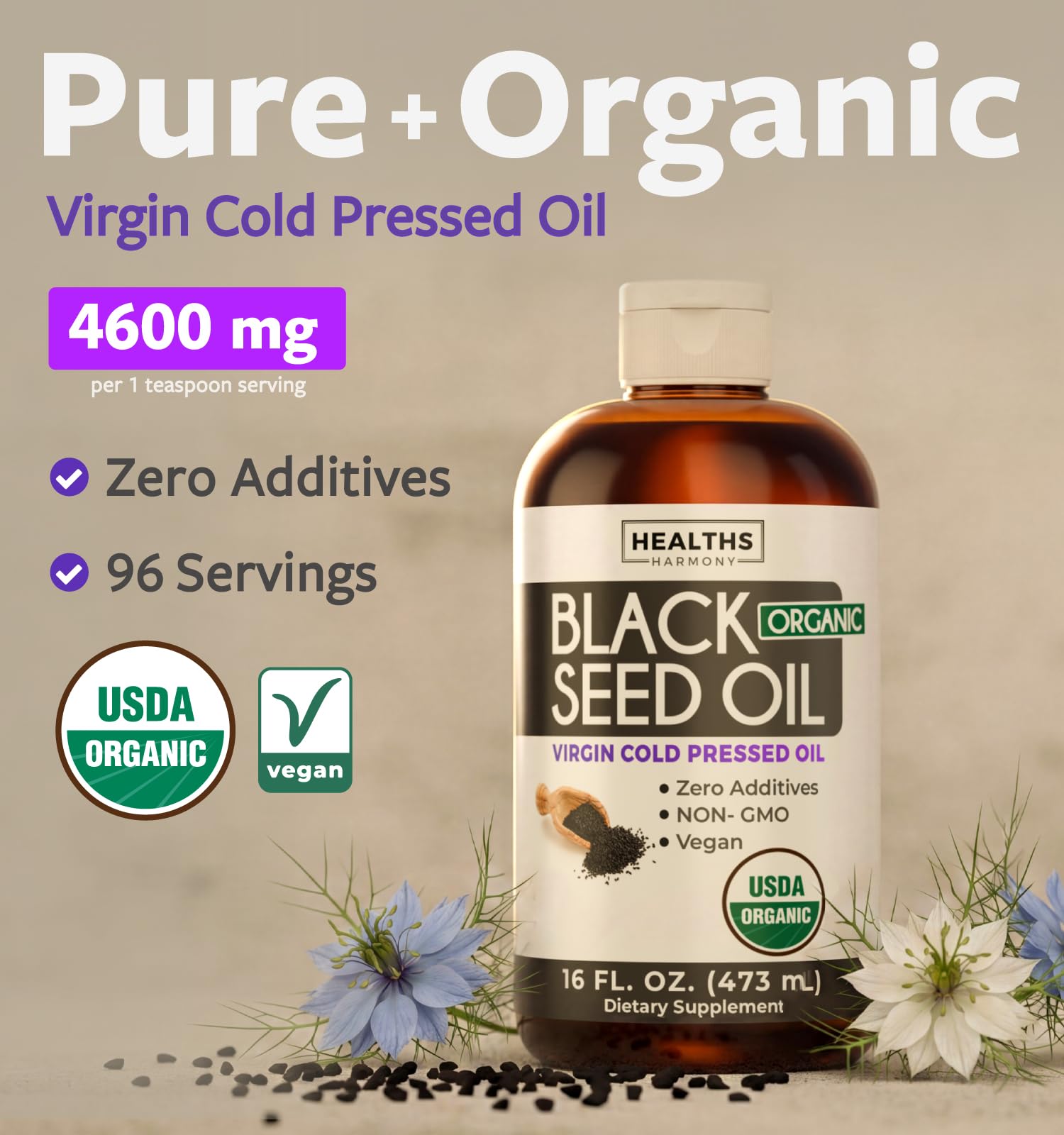 USDA Organic Black Seed Oil Liquid (16 fl oz) Premium Cold-Pressed Nigella Sativa Producing Pure Black Cumin Seed Oil - Antioxidant Supplement - Vegan, Gluten-Free, & Non-GMO (No Pills or Capsules) — Amazon image 2