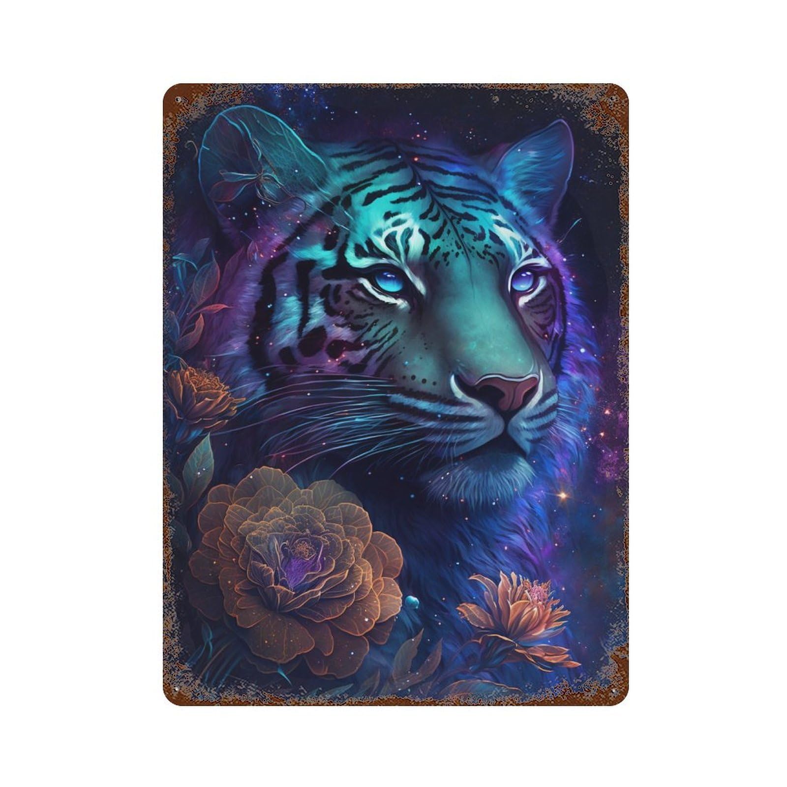 Glowing Tiger Fantasy Artwork 15.7"x11.8" Weathered Tin Sign, Shabby Chic Decor for Cafe, Home Bar And Lounge Decor