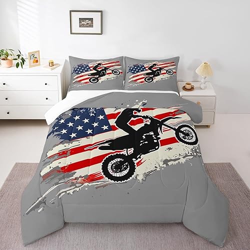 Miniatura 6 de Erosebridal Juego de edredón de motocross para niños, juego de ropa de cama vintage con bandera estadounidense para adolescentes y jóvenes, edredón