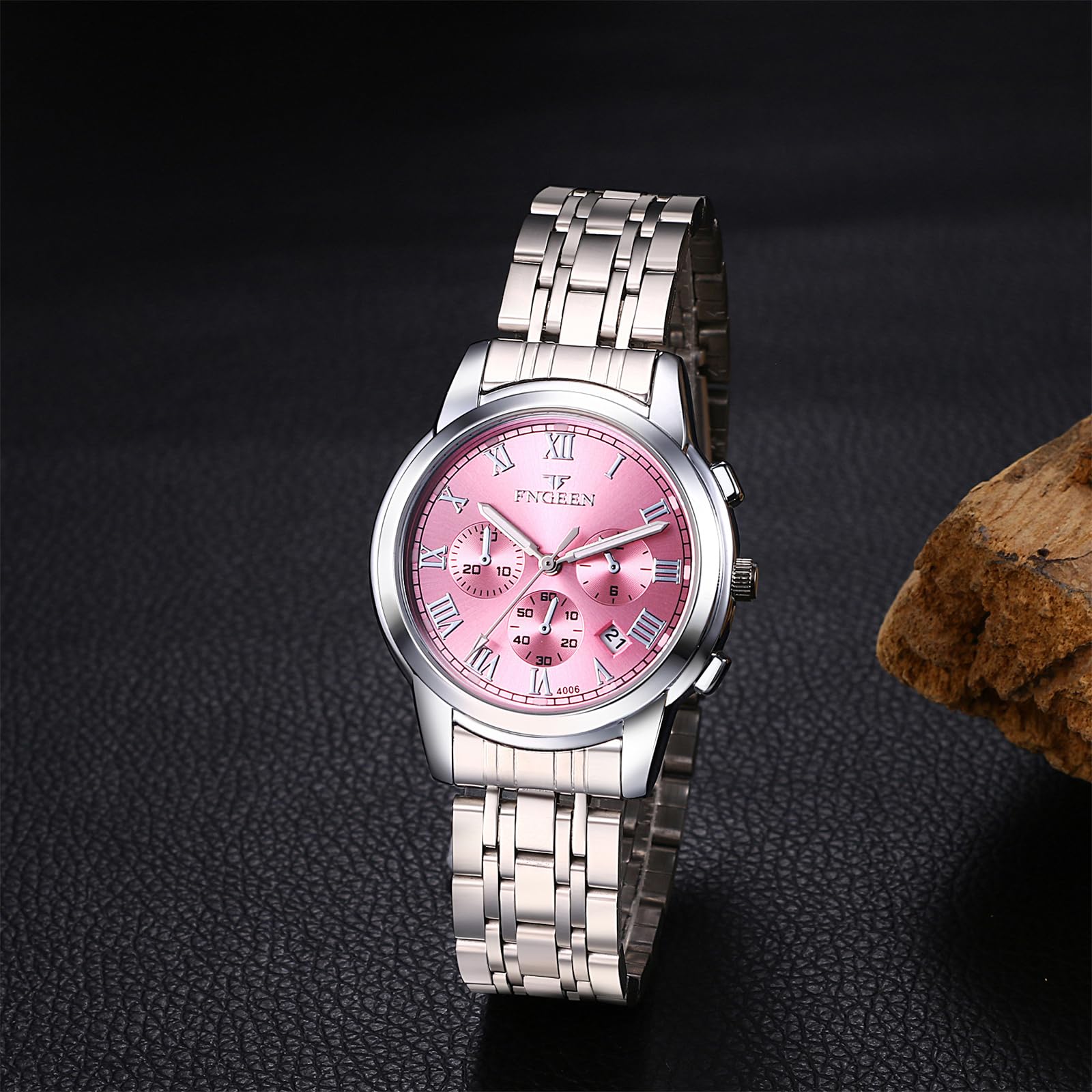 Aroncent Par de relojes de San Valentín para parejas: relojes impermeables con tres ojos, números romanos, calendario, manecillas luminosas, relojes de pulsera analógicos de cuarzo para hombres y