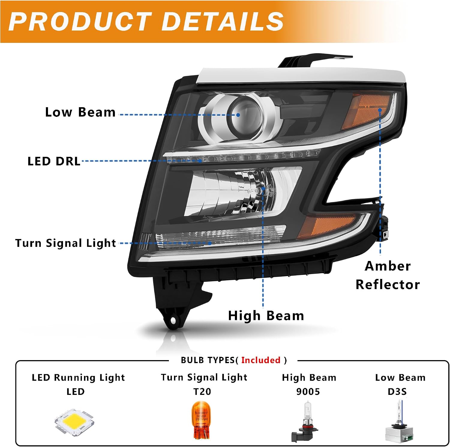 HID/Xenon Headlight Assembly Compatible with 2015-2020 Chevy Tahoe Suburban | w/LED DRL Left Driver Side Headlamp, Replace OE# GM2502406