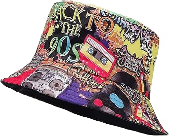 Retro 90s Bucket Hat,Double-Sided Reversible Sun Protection Cap for Men Women Unisex Graffiti Print Breathable Fisherman Funny Hat for Outdoor Beach Festivals Travel