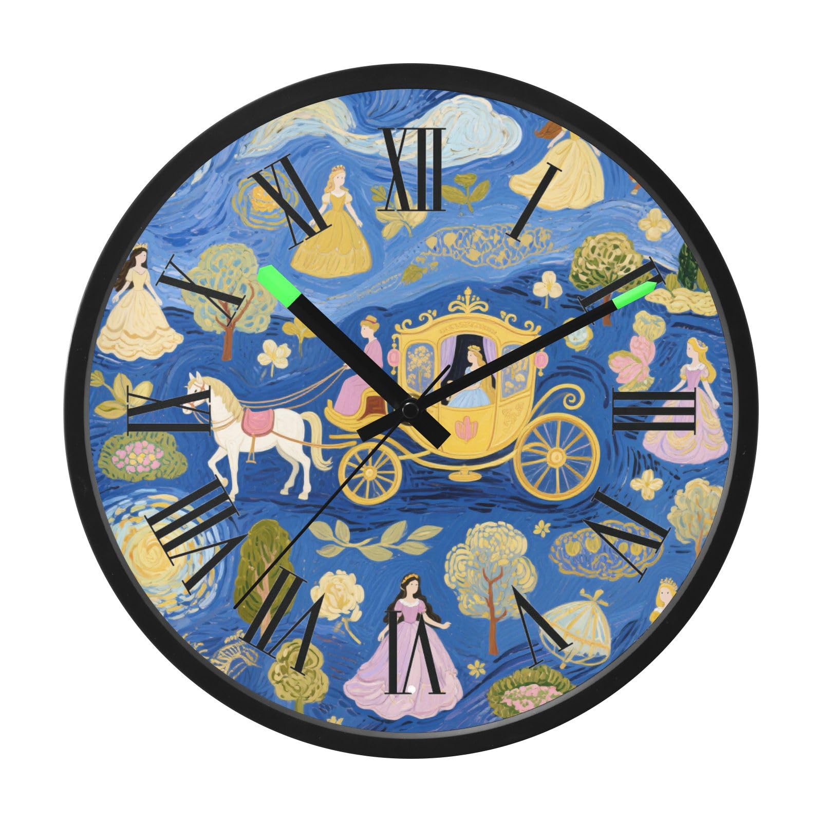 Horloge moderne lumineuse bleue 30cm carrosse de princesse silencieuse