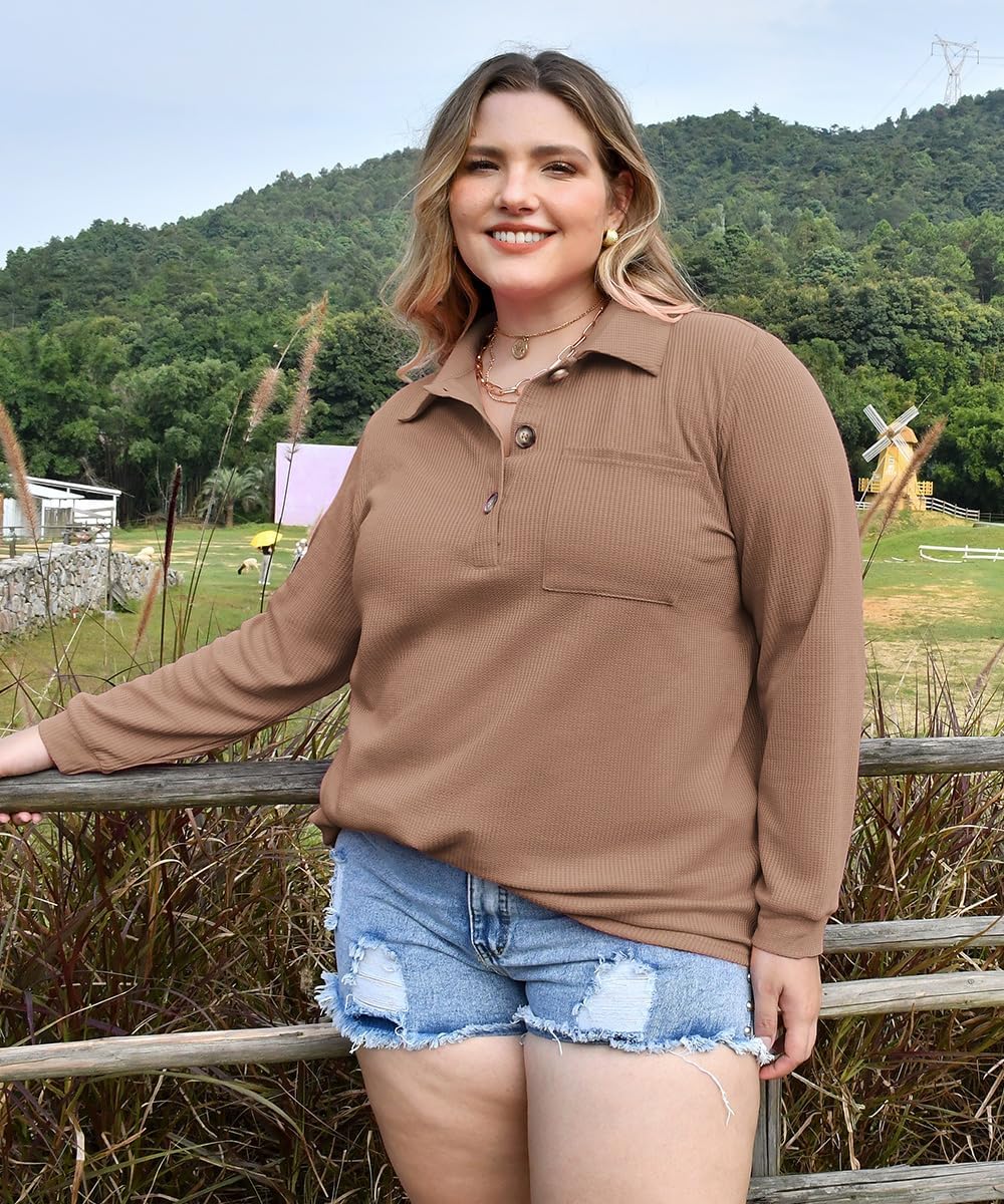 CARCOS Plus Size Tops for Women Waffle Knit Henley Shirts Long Sleeve Button V Neck Tunics Casual Solid Blouse with Pocket - Image 3