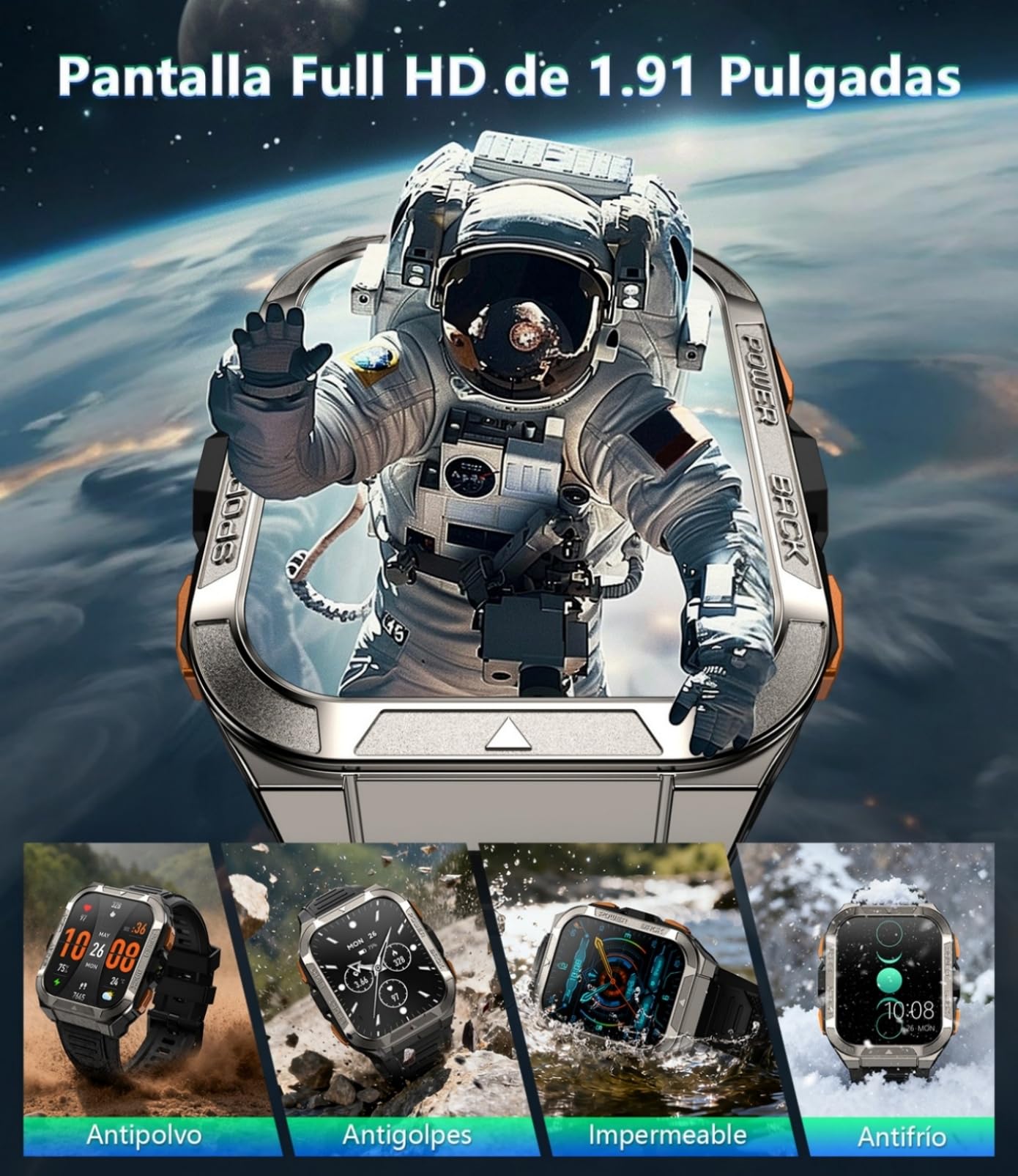 IOWODO Reloj Inteligente Hombre con GPS,1.91" Militar Smartwatch con Llamadas Bluetooth,20 Días Batería/2 Correas/Linterna LED/Brújula/100+ Modo Deporte/IP68,24h Pulsómetro/SpO2/Sueño para Android iOS