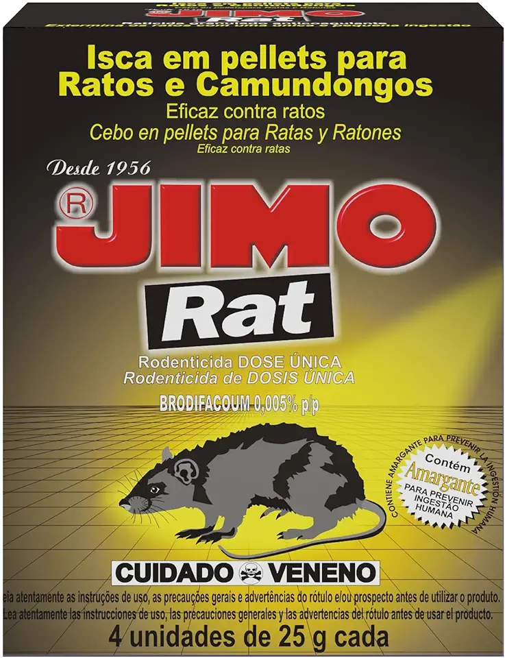 JIMO Rat Raticida Granulado Eficaz Contra Ratos e Camundongos Elimina a Ninhada Totalmente Seguro Estojo com 4 unidades 25g cada