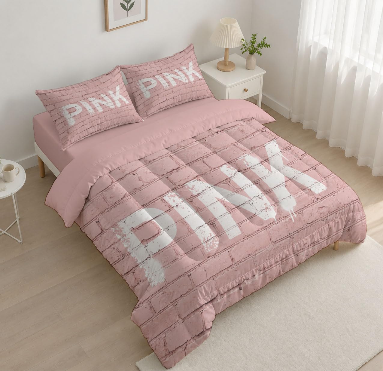 Trapunta Graffiti Di Tendenza Con Lettere, Piumino Singolo 4 Stagioni | 140X200 Cm Con Federa 50X80, Piumone Leggero In Microfibra, Trapunta Reversibile Texture Di Mattoni Stradali, Rosa