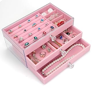 منظم مجوهرات أكريليك لتخزين مستحضرات التجميل من توكين، صندوق مجوهرات شفاف مع 3 أدراج قابلة للتعديل، صواني قطيفة بحجم شبكي (لون وردي)