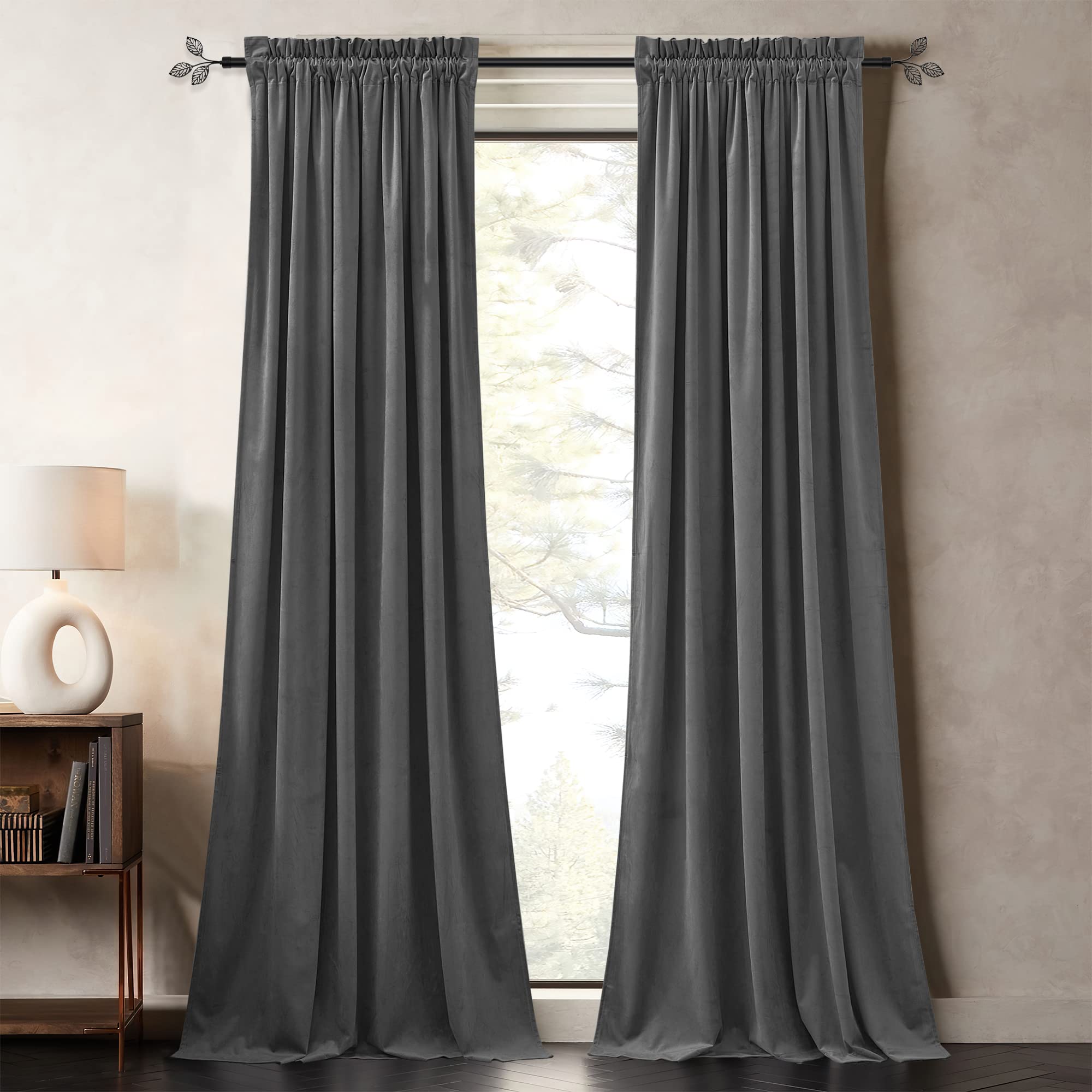 PONY DANCE Blackout Grey Velvet Curtains 96 inches for Bedroom - Thermal Rod Pocket Blackout Window Drapes Energy Saving Windproof Door Blinds Luxury Soft Fabric, W52 x L96, Dim Gray, 2 Panels