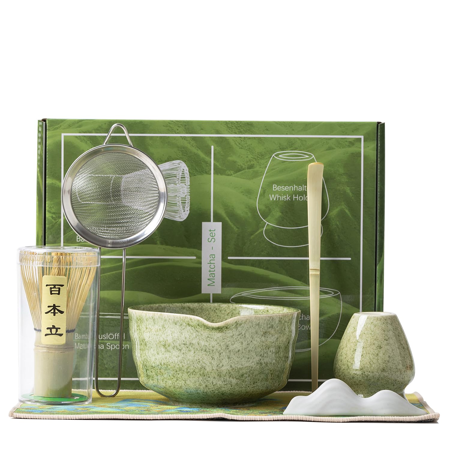 Matcha Set, Matcha Whisk Set, Matcha Bowl with Spout and Whisk, Matcha Scoop, Sifter, Spoon holder, Tea Towel, Chasen Holder - 7pcs Perfect Matcha Kit for Matcha Tea Ceremony (Jade Green)