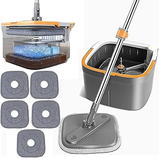 Spin Mop M16, M16 Spin Mop, Self Wash Spin Mop M16, Spin Mop and Bucket with Wringer Set, 360 Degree Rotatable Adjustable Cleaning Square Spin Mop Head Separate Clean and Dirty Water (5 Cloths)