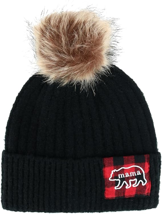 Mama Bear Beanie Hat with Plaid Patch 