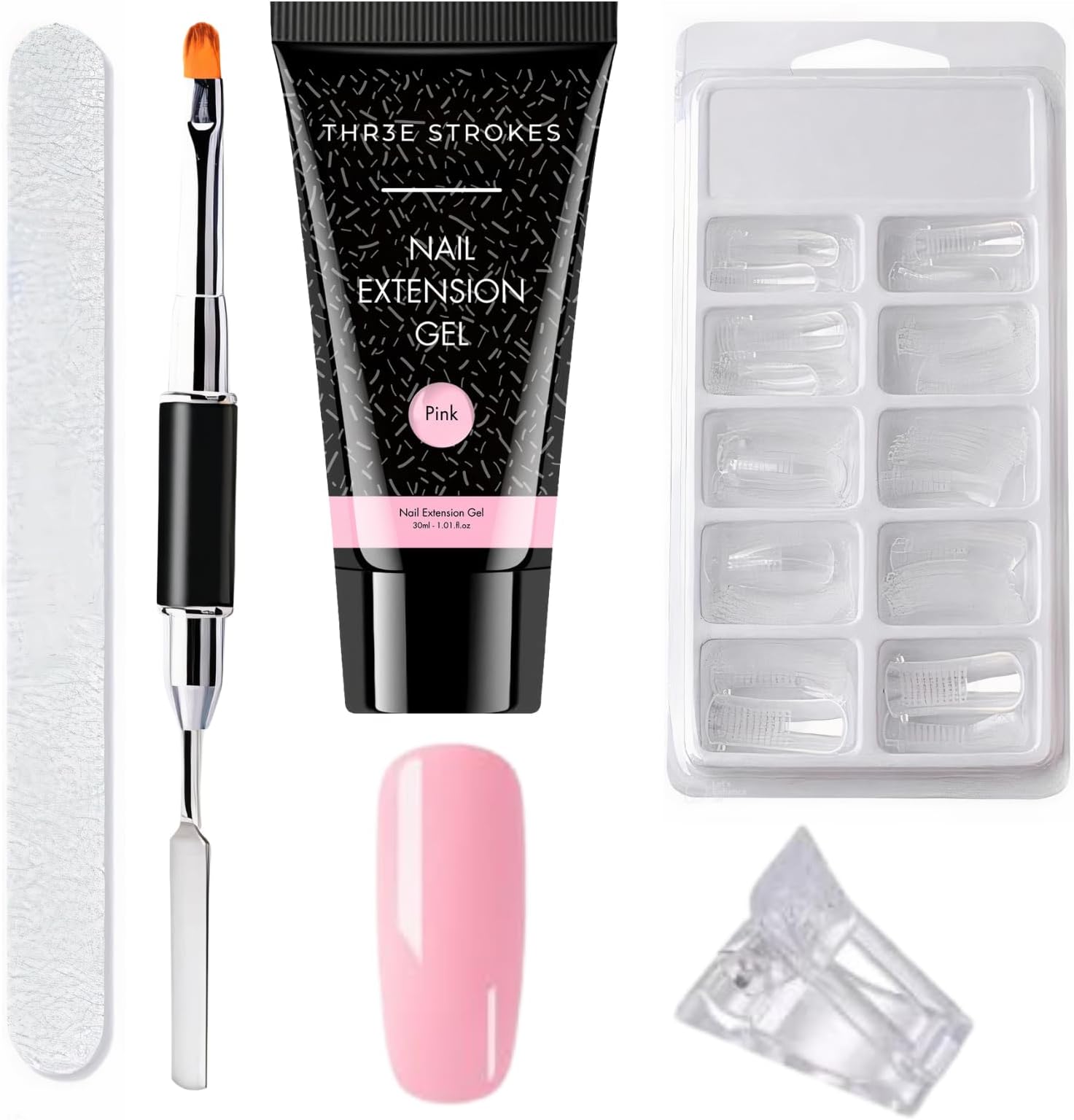 Poly Nail Extension Gel Kit for Builder Gel Nail Art Kit Nail Extension Kit (100 POLY TIPS+1 SPATULA+1 FILER+1 CLIP+1 POLYGEL) (PINK)