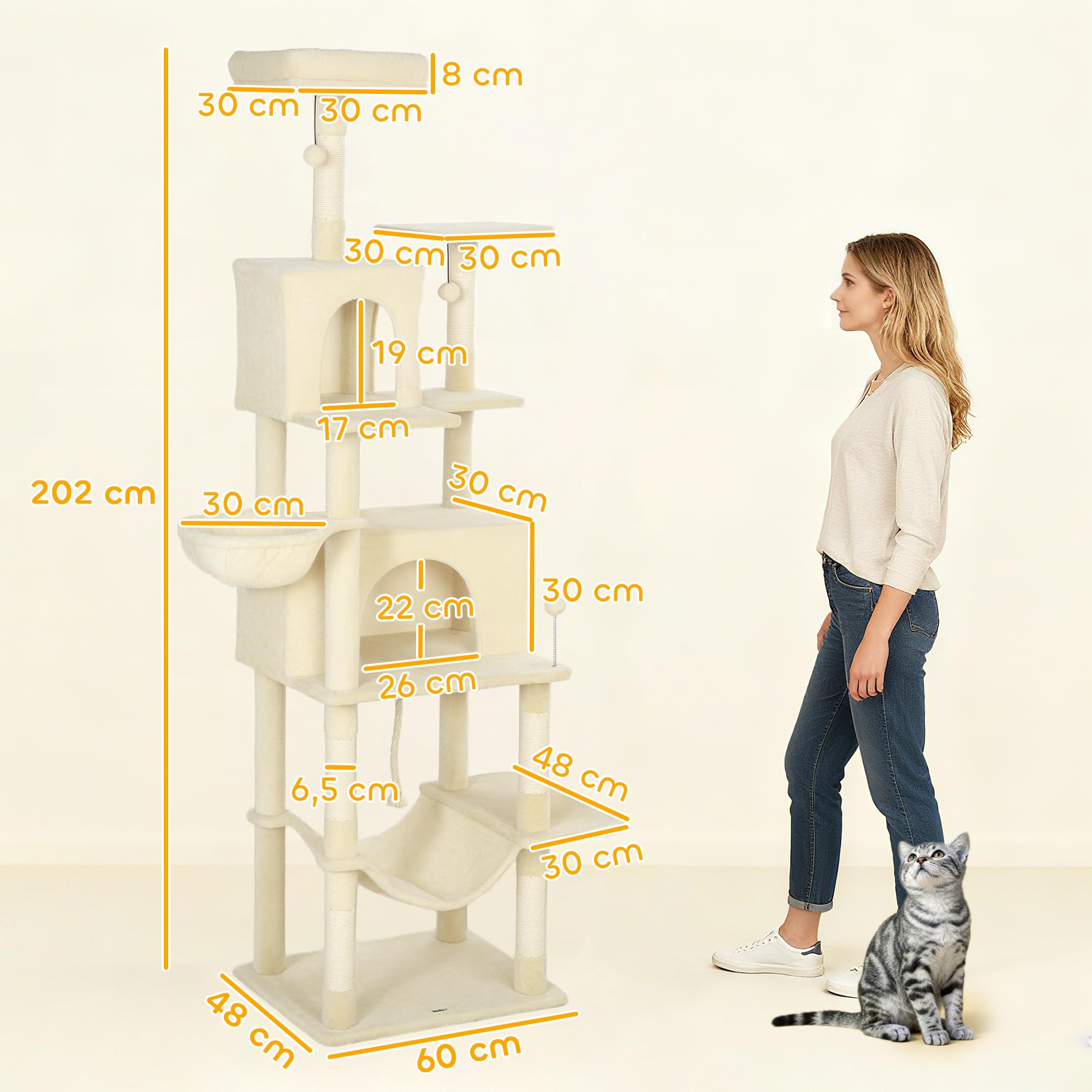 PawHut Árbol Rascador para Gatos 202 cm con 2 Cuevas Beige | Árbol para Gatos, Torre Escalador, 2 Hamacas, 6 Postes de Sisal, 3 Bolas, Cuerda para Jugar
