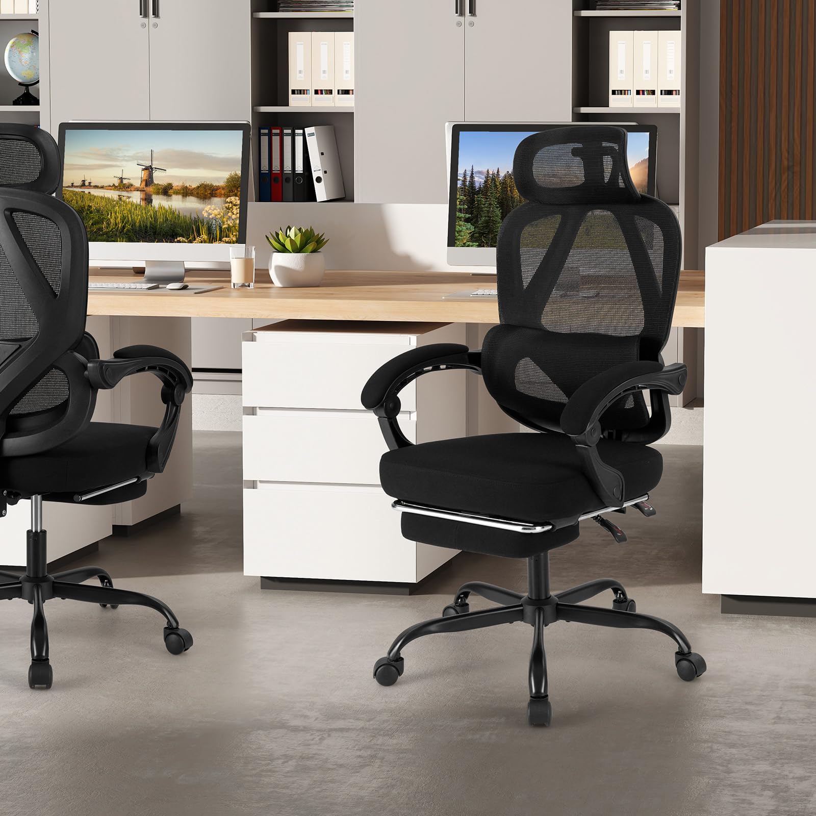 COSTWAY Silla Oficina Ergonomica, Respaldo Alto de Malla y Reposapiés Retráctil, Silla Gaming, Respaldo Inclinable, Reposacabezas, Altura y Soporte Lumbar Ajustables, Office Chair Ruedas
