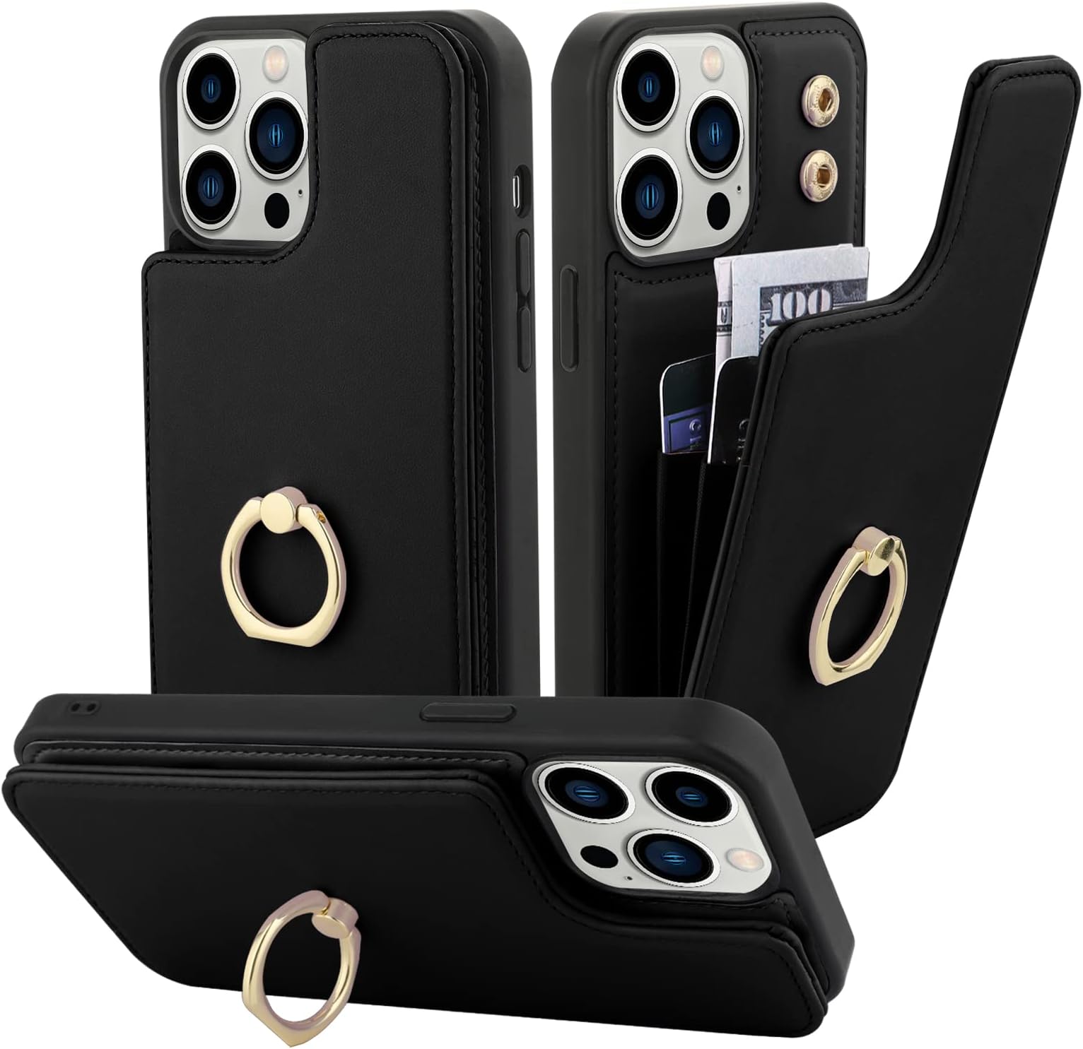 Marphe Wallet Case Compatible with iPhone 14 Pro Max with Card Holder [Built in 360 Rotation Ring Kickstand] PU Leather Shockproof Anti-Scratch Slim Protective Cover for Women-Black