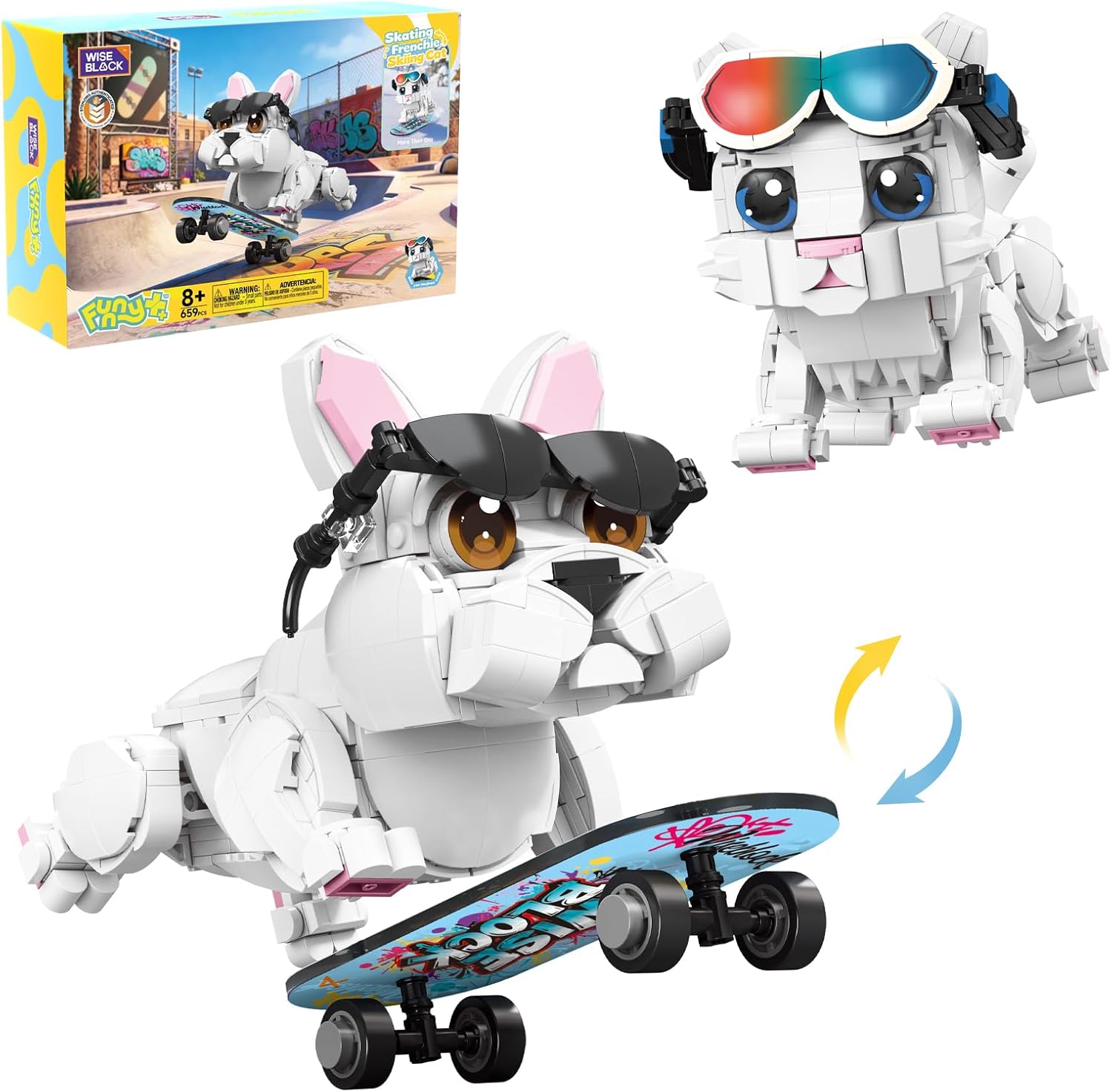 Wise Block 2-in-1 Building Toy Set, Transforms to 2 Different Animals - from Skating Frenchie to Skiing Cat, Creative Buildng Block Toys for Kids 659 pcs