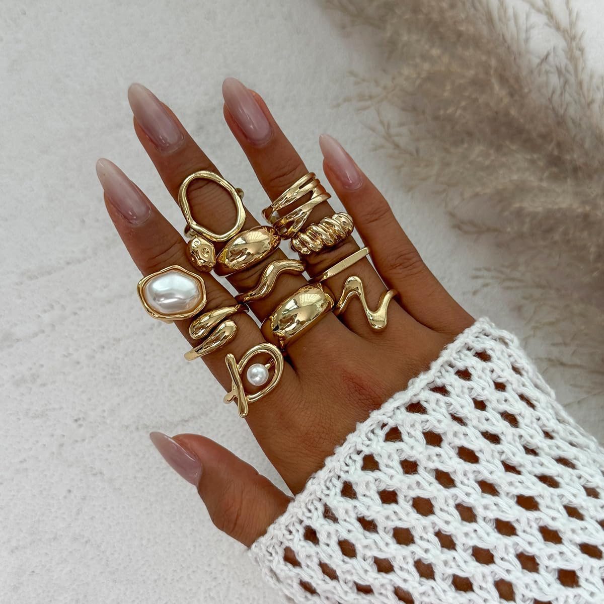 CSIYANJRY99 Gold Silver Rings Set for Women Trendy Irregular Chunky Gold Ring Baroque Pearl Rings Stackable Statement Knuckle Ring Jewelry - Image 2