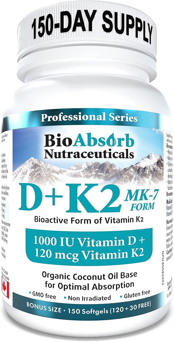 Bio Absorb Nutraceuticals Vitamin D3 1000 IU + Vitamin K2 MK-7 (120 mcg). 150-Day Supply Of Vitamin D3 K2. Organic Coconut Oil Base For Optimal Absorption of K2 D3 Vitamin Supplement (150 Softgels of Vitamin D K2)