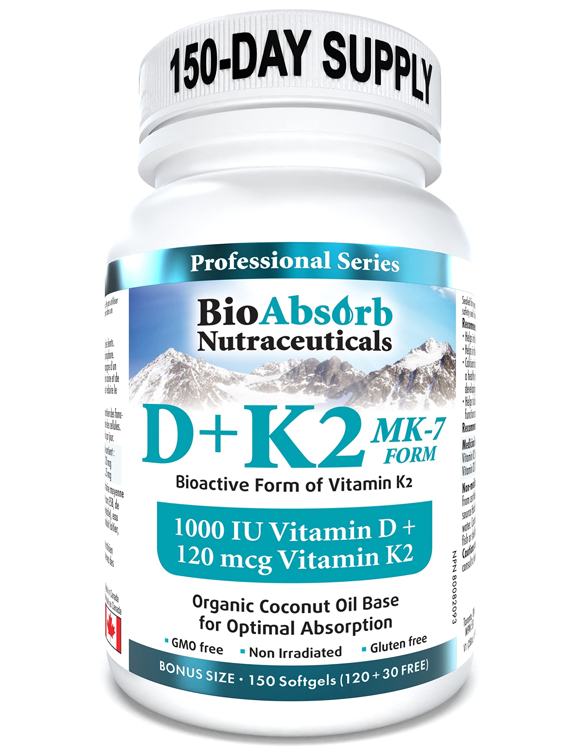 Vitamin D3 1000 IU + Vitamin K2 MK-7 (120 mcg). 150-Day Supply Of