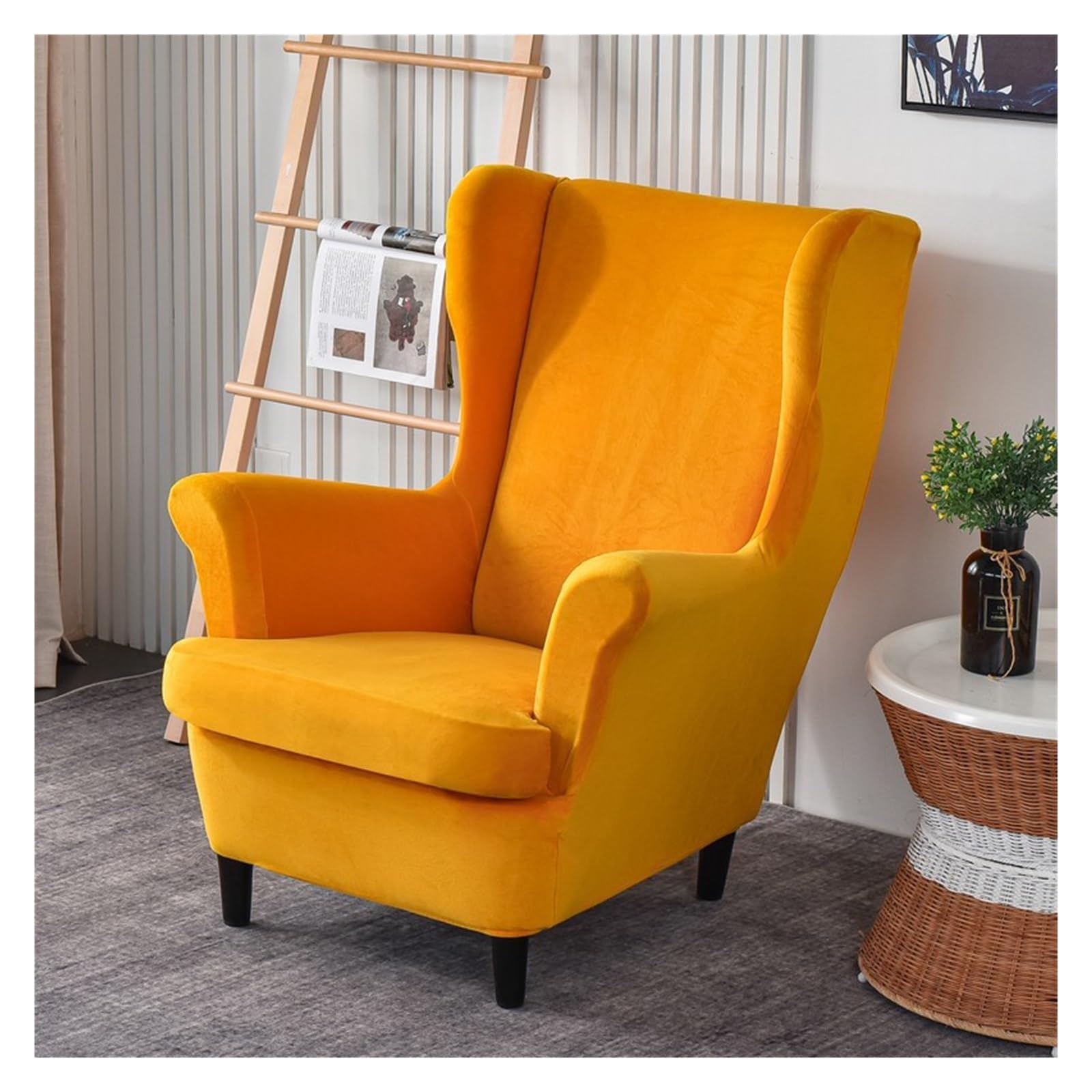 Funda elástica de terciopelo para silla con respaldo de alas de 2 piezas color dorado