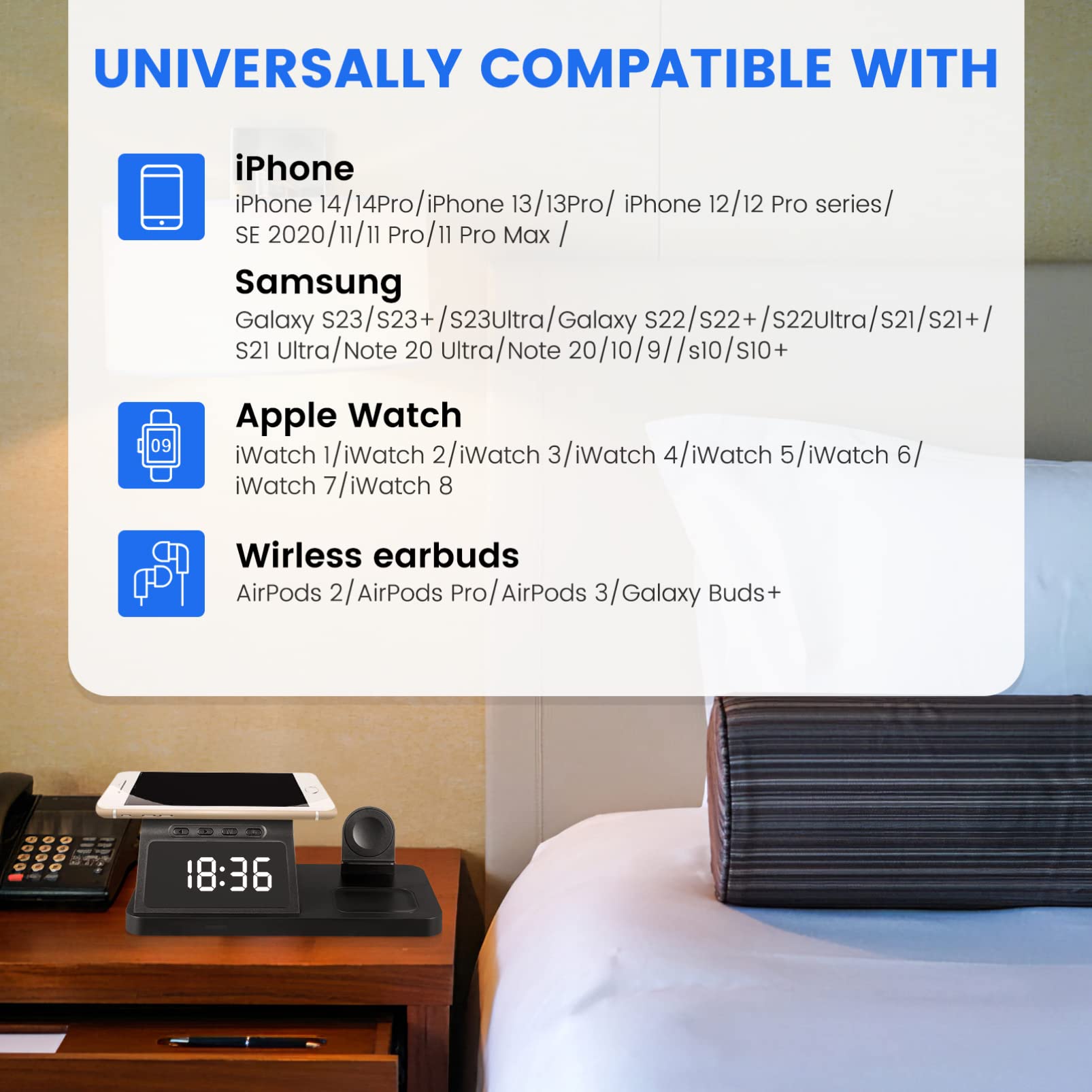 Support De Charge sans Fil pour Montre Intelligente, Téléphone Et Écouteurs avec Horloge Numérique Intégrée Et Affichage