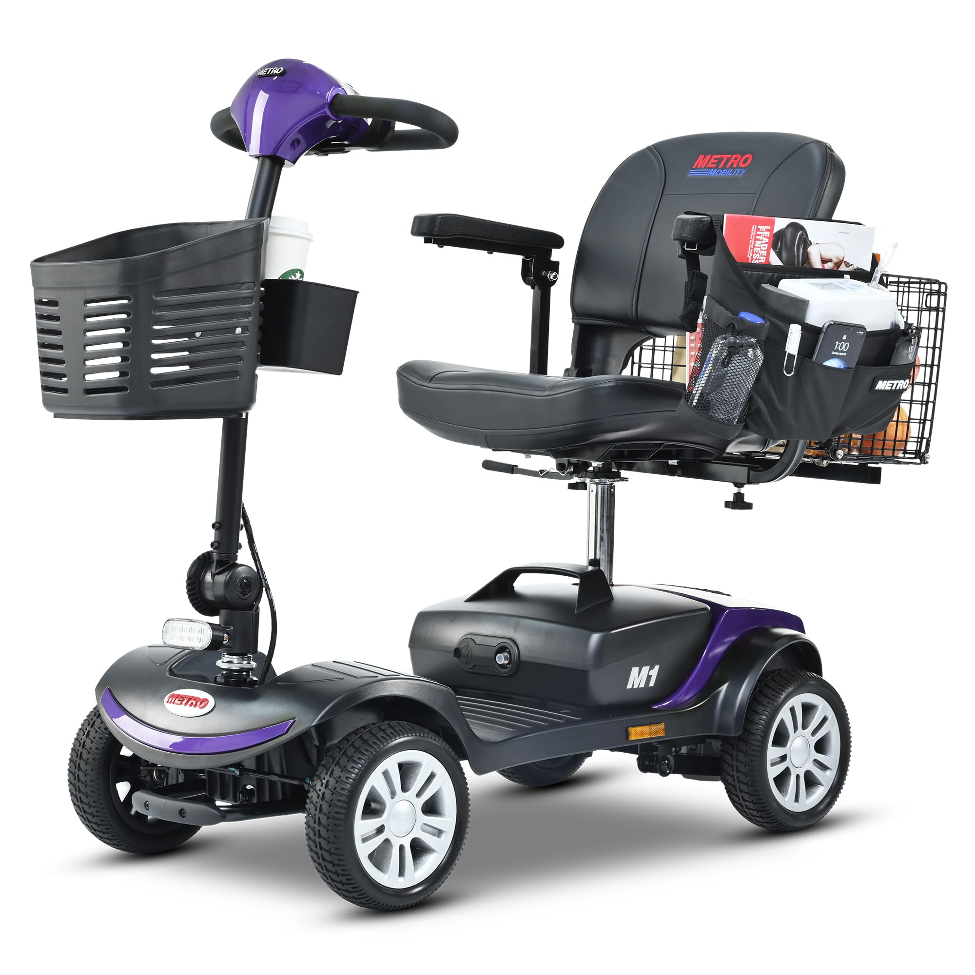 GlowSpark300W Folding Mobility Scooter 300lbs Capacity, 4 Wheel Powered Mobility Scooters with Large Rear Basket, Lightweight Electric Scooter with Multiple Pockets & Storage Box (Purple)