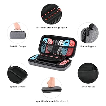 innoAura Switch Case for NS Switch (2017), Hard Shell Portable Case with 10 Game Card Holders, Shockproof Protection, Double Zippers & Mesh Pocket, Gray