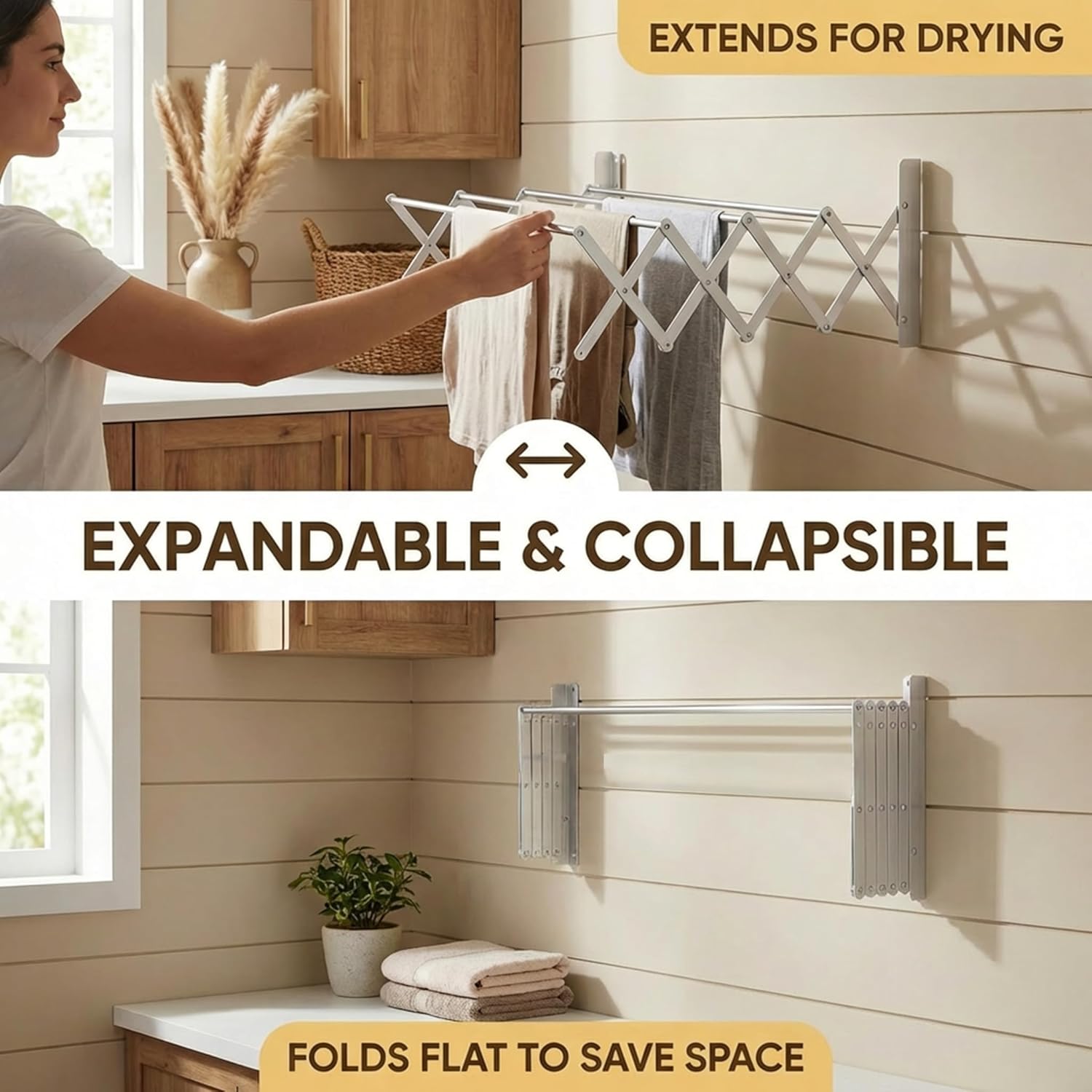 HILLHOUSE Wall Mount Drying Rack for Laundry Room - Collapsible Accordion Clothes Dryer, Retractable Stainless Steel Towel Bar, Space Saving Laundry Drying Rack Wall Mounted for Bathroom & Balcony