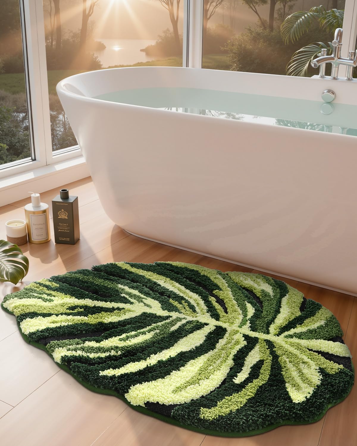 DEXI Leaf Bathroom Rugs Monstera, 23.5x31.5 Soft Fluffy Cute Bath Mat with Non Slip Backing, Washable Absorbent Bath Rug Quick Dry for Shower Floor, Toilet, Bedroom, Kids Room