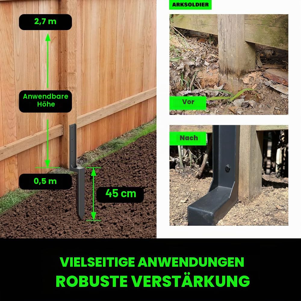 Zaunpfosten Reparaturset - für 9x9 & 10x10cm Holzpfosten, Massive Pfostenstütze aus 3mm Stahl zur Reparatur wackeliger Zäune - Installation ohne Graben ，2er-Pack