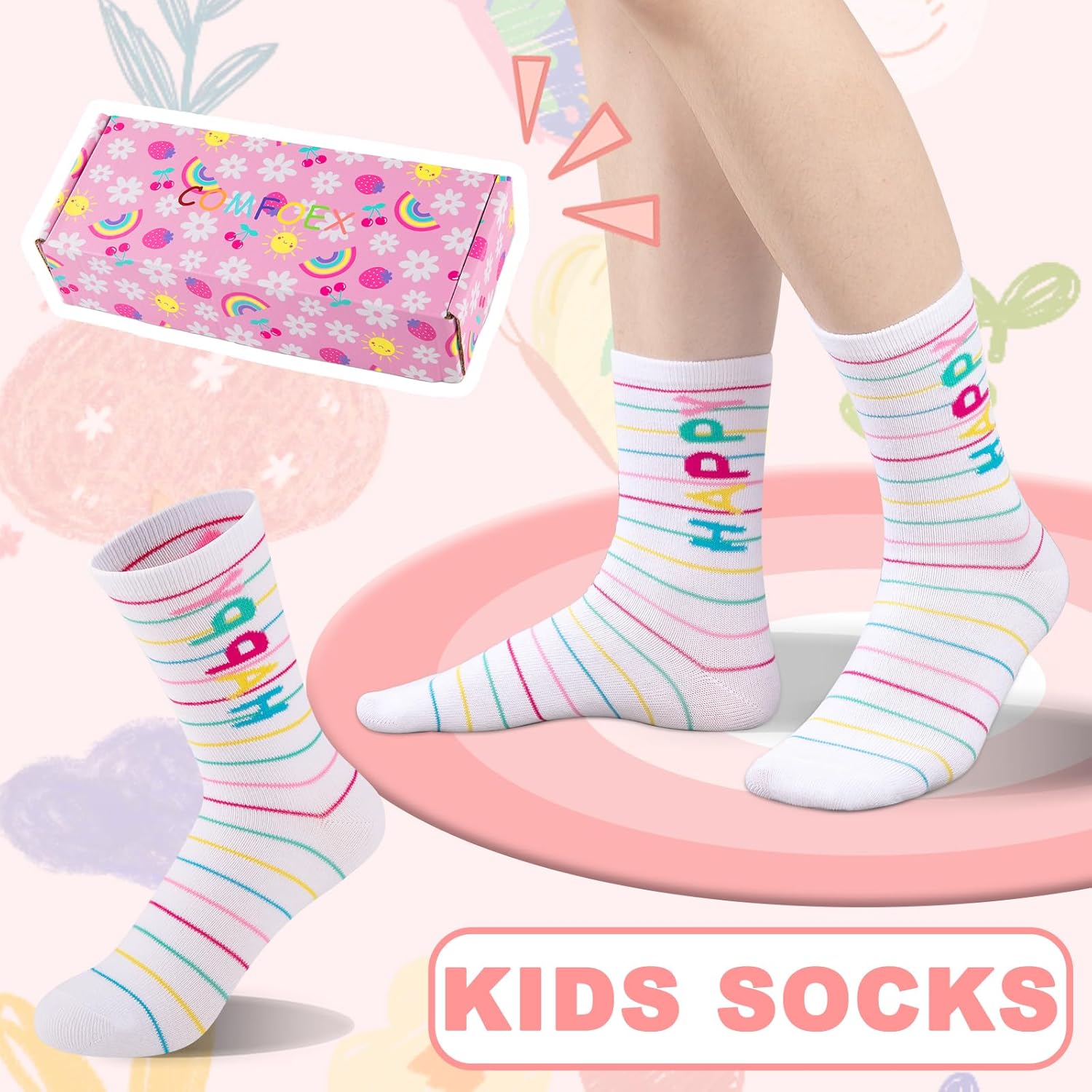 Comfoex Kids Girls Socks Novelty Funny Colorful Socks Fashion Cute Cotton Crew Socks For Kids 4-10 Years Old 6 Pairs - Image 2