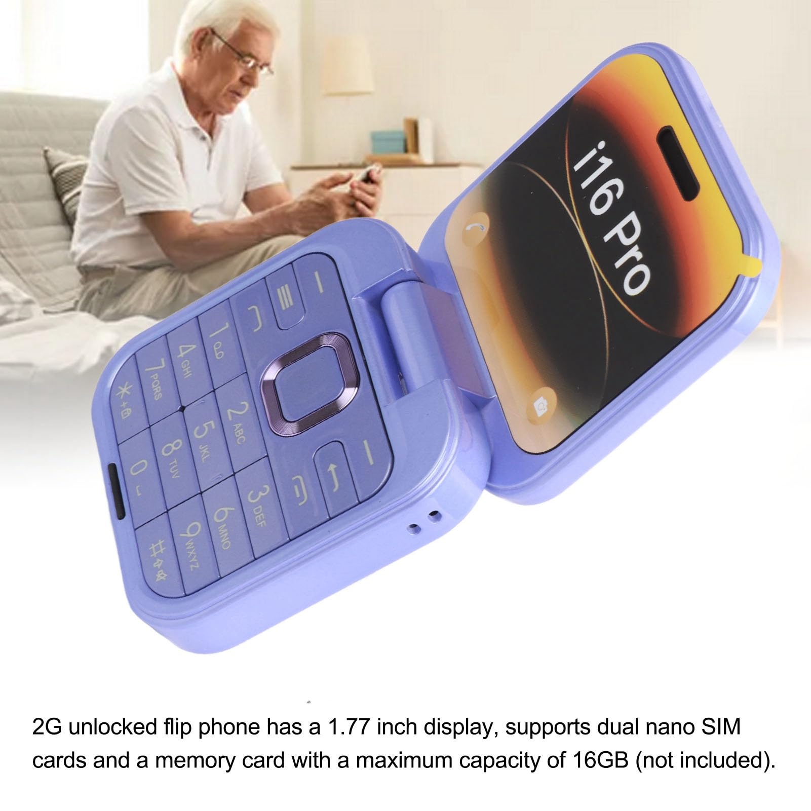 Yunir Klapmobiele telefoon voor senioren, 2G ontgrendelde klamper, met 1,77 inch scherm, dual-SIM-standaard mobiel, grote toetsen en LED-zaklamp (paars