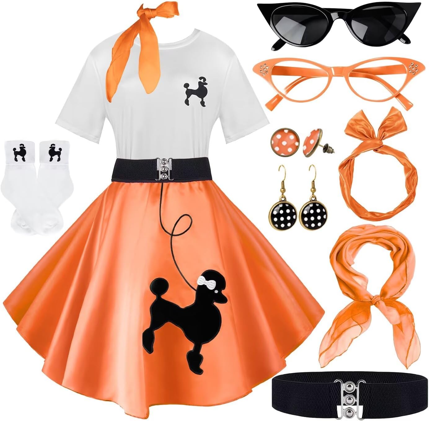 10Pcs Sock Hop Outfits Women, 1950s Poodle Skirts, Poodle T-Shirt with 50s Accessories Socks Scarf Headband Belt Earring